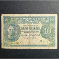 Malaya British Borneo King George VI Old Banknote 10 Cents Year 1941 - No Holes and No Tear ( Origin