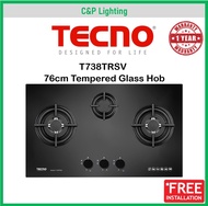 Tecno T738TRSV 3 Burner 76cm Tempered Glass Cooker Hob Gas Stove