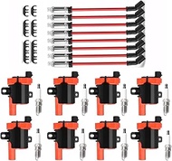 Set of 8 Round Ignition Coils D585+ Spark Plugs+ 748UU 8mm Wires, Compatible with Chevy Silverado 15