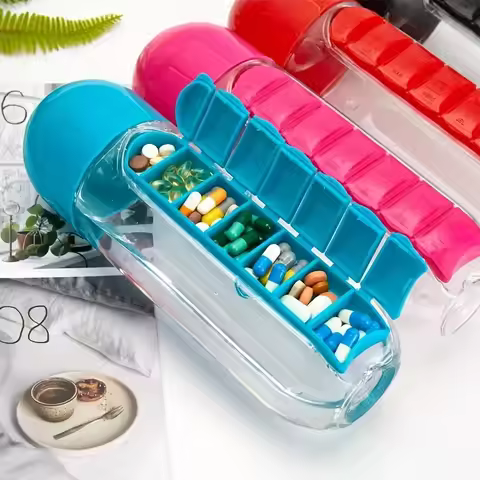 Portable Water Bottle With Built-In Pill Box For Medicines Sports Plastic Water Bottle Medicine Box 