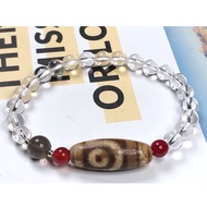 Tibetan Dzi Beads Two Eyed Dzi Beads With Clear Quartz Bracelet 藏传老矿二眼天珠配白水晶手链28.5x11mm