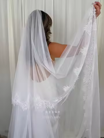 Customized Lace Blusher Veil 2 Tier Veil Lace Cathedral Length Veil Cascading Lace Edge Eyelash Veil