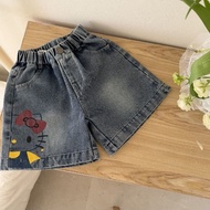 80-140 Korean Style Cartoon KT Printed Girls Denim Summer Shorts Elastic Waist Stylish Casual Bottom