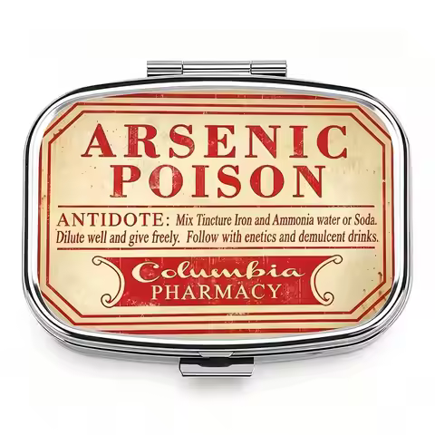 2 Compartments Metal Pill Box, Vintage Arsenic Label Print Portable Pocket Pill Case, Travel Medicin