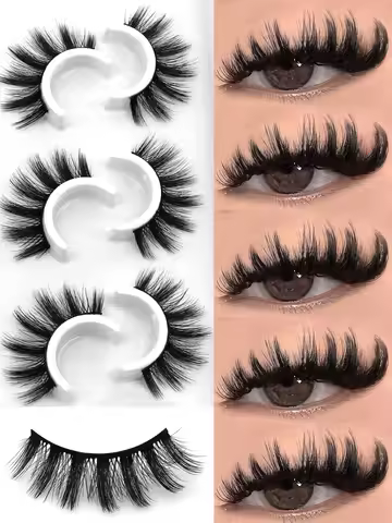 GROINNEYA 3D Natural False Lashes Cat Eye Eyelashes Fluffy Soft Cross 6 Pairs Manga Lashes Wispy Nat
