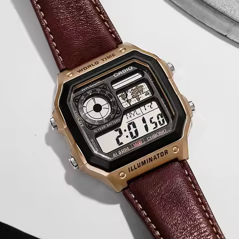 Casio AE-1200WHL-5A World Time Digital Watch, 45mm Resin Case Genuine Leather Band 100M WR 10-Year B