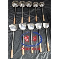 Traditional Wooden Handle Turner Ladle Spatula Soup Ladle Stainless Steel 煮炒 Tze Char Kitchen Turner