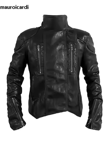 Mauroicardi Spring Black Short Pu Leather Jacket Men with Back Zipper Luxury Brands Original Emo Str