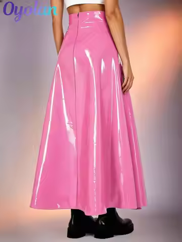 Women Faux Patent Leather Latex Long Maxi Skirt High Waist Double Side Split Swing A‑Line Maxi Skirt