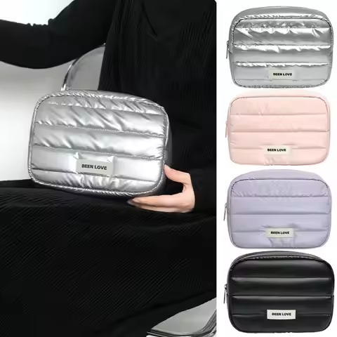 Fashion Down Puffy Makeup Bag Large Capacity Solid Color Travel Quilted Toiletry Bag Fluffy Zipper S
