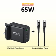 Awei PD18 65W GaN Fast Charger Quick Charge 2C1A 2 Type C 1 USB A 30W with QC Portable UK Plug Travel Charger for MacBook Pro/Air Dell XPS iPad Mini/Pro iPhone 15 14 13 Pro Max Plus Samng Galaxy S24 Ultra S23 Pixel and More【Safety Mark 211172-11】