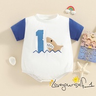 B930G-Baby Boy Birthday Romper Round Neck Short Sleeve Letter Shark Patch Jumpsuit Infant Toddler Summer Clothes