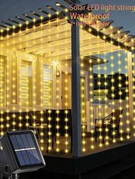 3米太陽能帷幕串燈,led花環燈串(9.8英尺x 9.8英尺),8種燈光模式可調節亮度,ip64防水特性,適用於戶外牆壁花園院子派對節日裝飾閃爍裝飾
