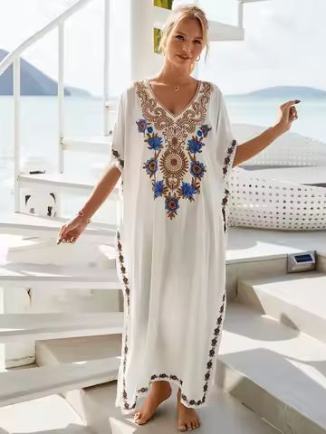 Causal Embroidered V-neck Plus Size Kaftan Dress For Women Boho Clothes Beach Wear Maxi Dresses Robe