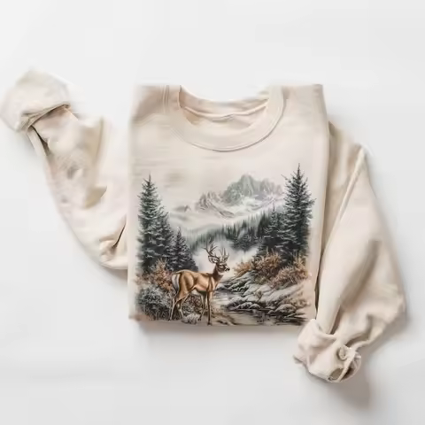 Retro Whitetail Buck Deer Winter Mountain Scene Sweatshirt Nineties 90s Vintage Deer Nature Lover Ou