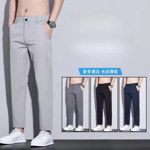 Men's Casual Straight-Leg Cropped Pants Elastic Waistband Lightweight Breathable Summer Trousers Fas