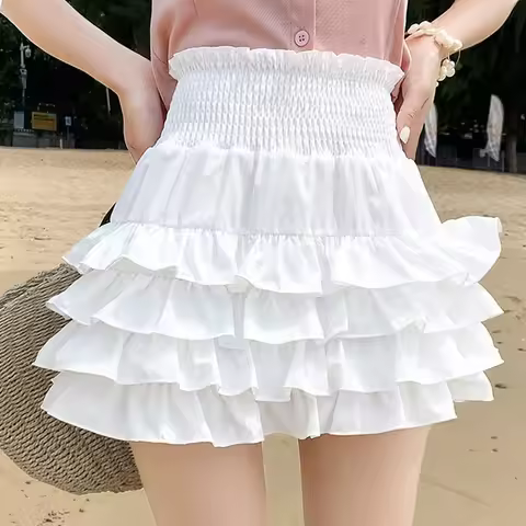 Sukapan Skirt Cute Smocked Waist Tiered Ruffle Frilled Mini Skirt for Women Teen-girl Fairycore Japa