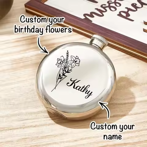 5oz Personalize Birthday Flowers Round Whiskey Flask Portable Stainless Steel Flask Custom Flagon Ou