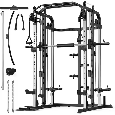 Home Gym Equipment: Smith Machine, Multi-Purpose Power Cage, Smith Bar, Cable System, and Lat Pulldo