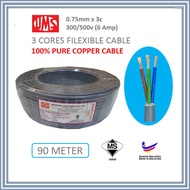 UMS 0.75mm x 3c 100% Pure Copper Sirim Pvc Flexible 3 Cores Cable Wire(6Amp)