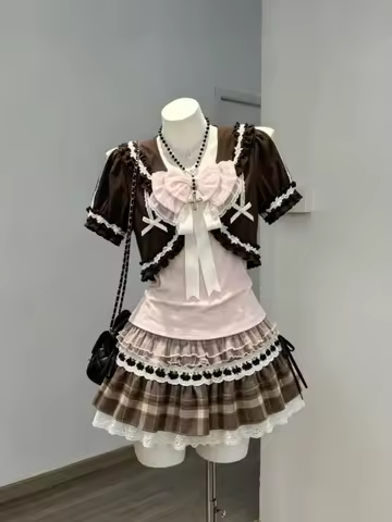 Japanese Vintage Y2k Sweet Women Ruffle Tops High Waist Skirt Lolita Style Casual Daily 3 Piece Matc