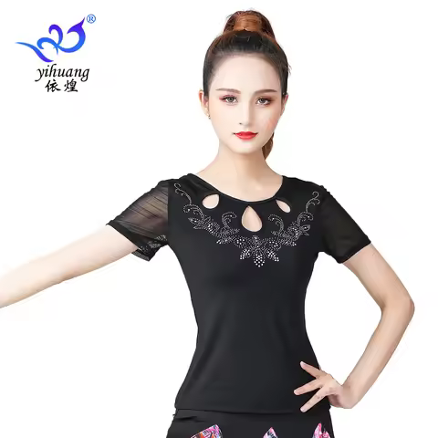 1pcs/lot woman fashion latin dance top lady rhinestone short sleeve o-neck latin dancing top 2892