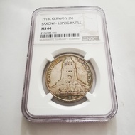 深彩氧 1913年 德國薩克森3馬克銀幣Saxony  3 Mark NGC MS64