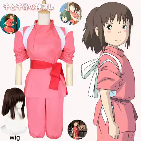 Chihiro Ogino Complete Cosplay Set, Women's Pink Japanese Ponytail Wig Anime Character Halloween Par