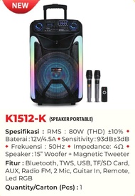 Speaker Advance K1512K / K1512-K / K1512 K Bluetooth Karaoke 15 Inch Free 2 mic Wireless