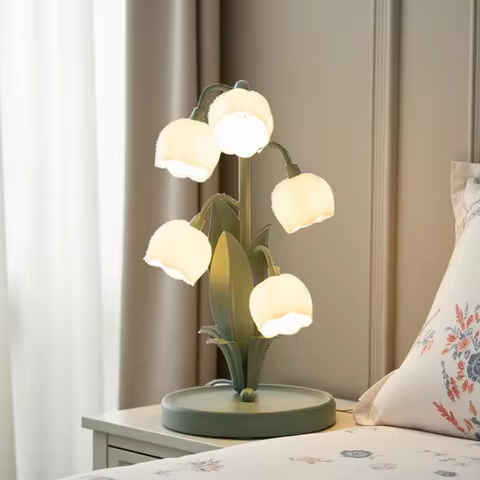 French Country Lily of The Valley Night Light, 5-Bud LED Bedside Lamp for Bedroom Nordic Decor table