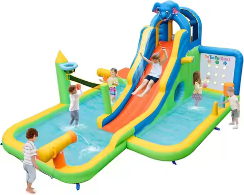 Inflatable Water Slide, 9 in 1 Elephant Waterslide Water Park for Kids Backyard, Splash Pool, Tic Ta