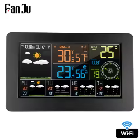 FanJu FJW4 Digital Alarm Wall Clock Weather Station wifi Indoor Outdoor Temperature Humidity Pressur