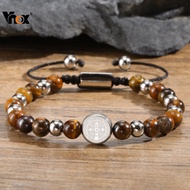 Vnox Saint Benedict Round Stainless Steel Bead Adjustable Bracelet for Men Women, Vintage Natural St