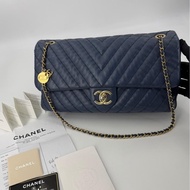 Chanel (12) Lambskin Chevron Medallion Charm Dark Blue Jumbo Classic Flap Bag with Gold Hardware