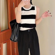 E1 Women's plaid crop top wool tank top Sleeveless QC casual knitted round neck bodycon mongtoghi wo