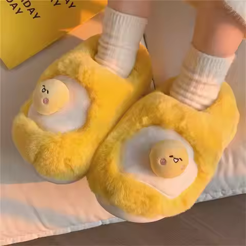 New cute fried egg shaped plush slippers women novelty sunny-side-up fleece lined indoor shoes ladie