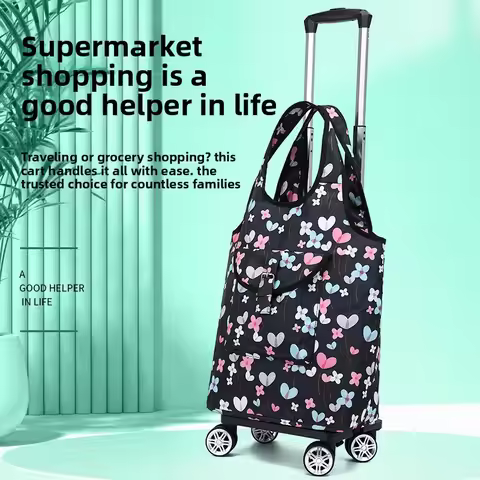 Utility Cart 4-Wheel Folding Grocery Trolley with Aluminum Telescopic Handle Oxford Bag Large Capaci