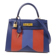 HERMES Epsom/Clemence皮革Kelly 28金扣手挽肩背兩用袋 Bleu Saphir/ Brique
