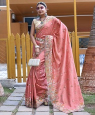 SAREE FABRIC :Pure marks silk saree with all over beautiful contrast embroidery work and motifs with