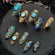 10pcs Handmade Women's Wearable Nail Stickers Fully Covered And Reusable, Almond Nail Blue Cat Eye C