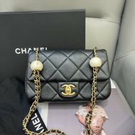 芯片款 香奈兒/Chanel 黑金羊皮雙珍珠湯圓大mini方胖子鏈條包