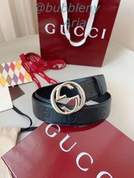 GUCCI 古馳 黑色皮革銀色雙G扣男士皮帶
