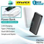 Awei P5K Pro 10000mAh Powerbank 2.4A Charging Dual USB Power Bank Awei P6K Pro 20000mAh Powerbank Aw