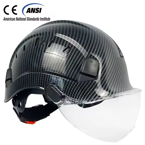 Carbon Fiber Pattern Safety Helmet With Visor For Engineer Safety Cap Construction Hard Hat ABS Work