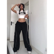 A BEAN ABG Hot Girl Low-Waist Sports Loose Pleated Nylon Sports Pants Top Line Design Pocket Overall