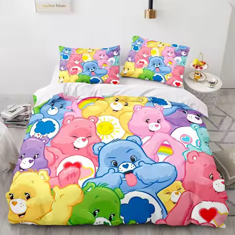MINISO-Cartoon Anime Care Bears Duvet Cover Set Kawaii Pillowcase Set Kids Bedding Set Decor Full Qu