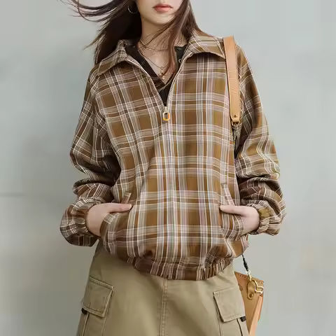 Maden Vintage Plaid Jacket for Women Khaki Turn-down Collar Coat Spring and Autumn Casual Loose Tops