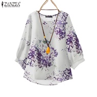 ZANZEA Women's Retro Casual Round Neck Loose 3/4 Sleeve Printed Blouse
