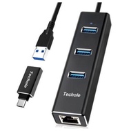 Techole UH411 Hi speed 3 port USB hub with RJ45 Ethernet connector, includes a USB C connector as sh