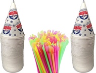 100 Count 6oz Snow Cone Cups with 100 8" Neon Spoon Straws, Pack of 200ct (100 cups/100 straws)